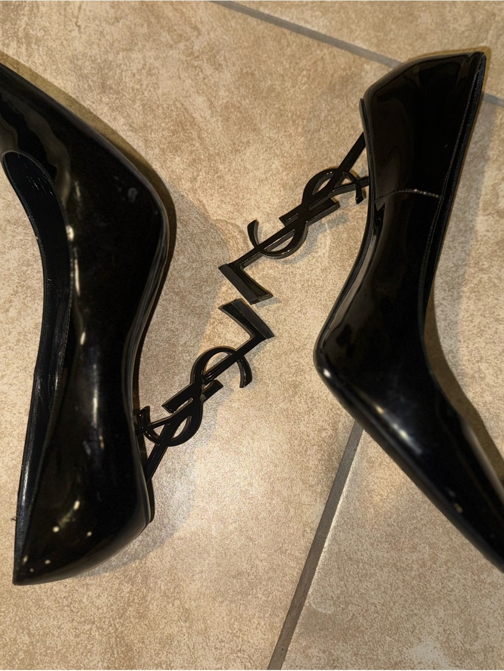 Saint Laurent Black Patent Pointed-Toe Pumps with YSL Sculpted Heels - Picture 4 of 7